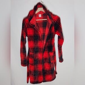 Youth XL Red and Black Plaid Hooded Robe Soft Cozy Buffalo Plaid Hooded